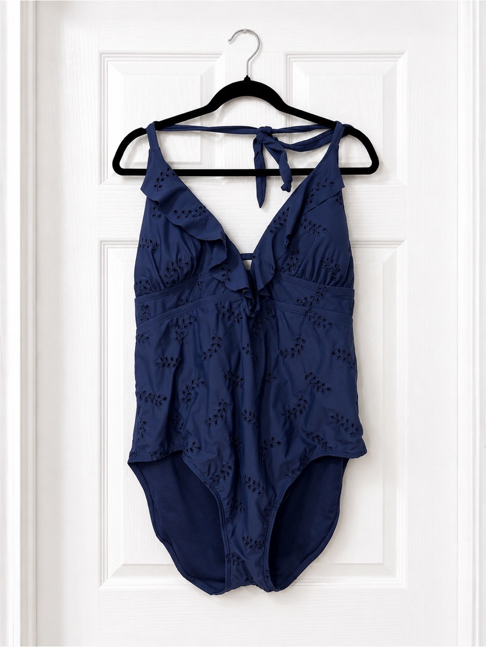 Navy Eyelet Ruffle One-Piece Swimsuit - Classic Coverage